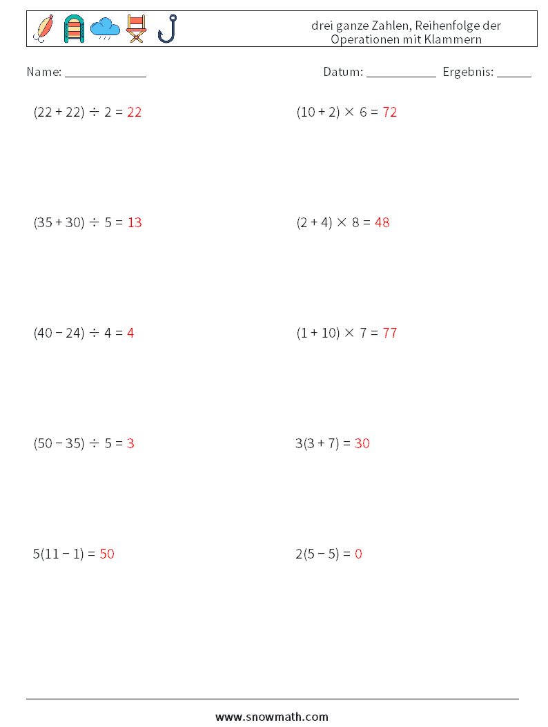 (10) drei ganze Zahlen, Reihenfolge der Operationen mit Klammern Mathe-Arbeitsblätter 8 Frage, Antwort