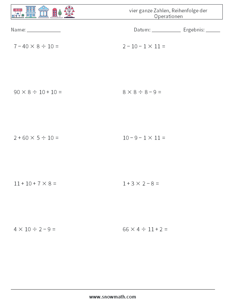 (10) vier ganze Zahlen, Reihenfolge der Operationen Mathe-Arbeitsblätter 1