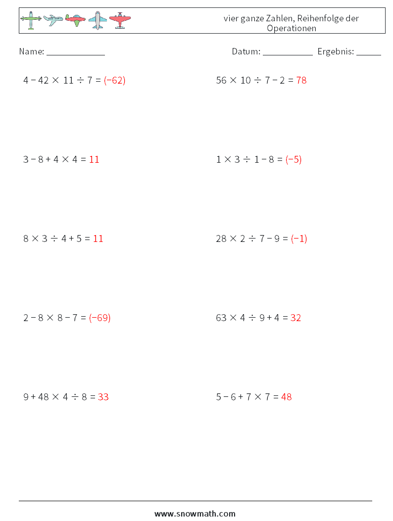 (10) vier ganze Zahlen, Reihenfolge der Operationen Mathe-Arbeitsblätter 4 Frage, Antwort