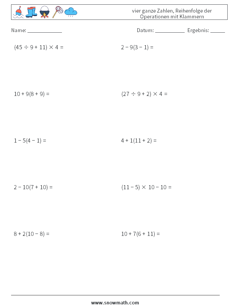 (10) vier ganze Zahlen, Reihenfolge der Operationen mit Klammern Mathe-Arbeitsblätter 10