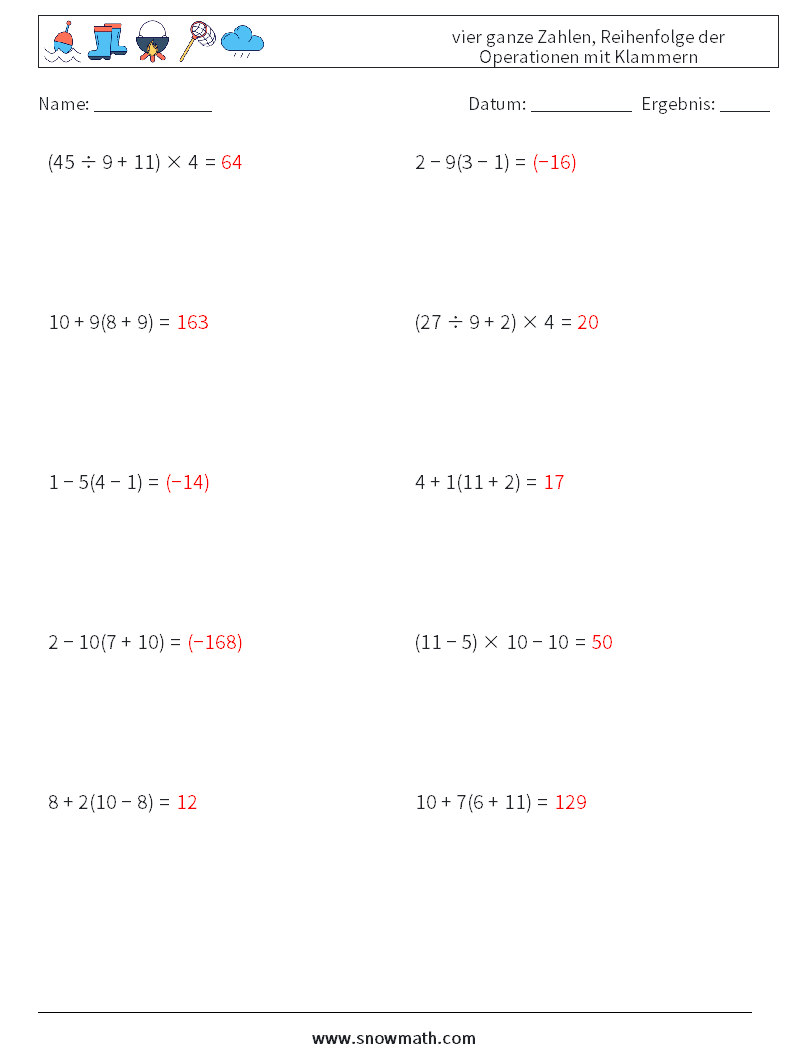 (10) vier ganze Zahlen, Reihenfolge der Operationen mit Klammern Mathe-Arbeitsblätter 10 Frage, Antwort