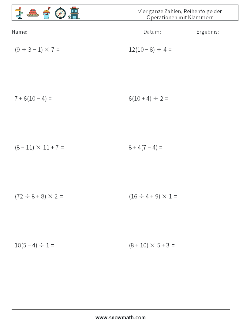 (10) vier ganze Zahlen, Reihenfolge der Operationen mit Klammern Mathe-Arbeitsblätter 11