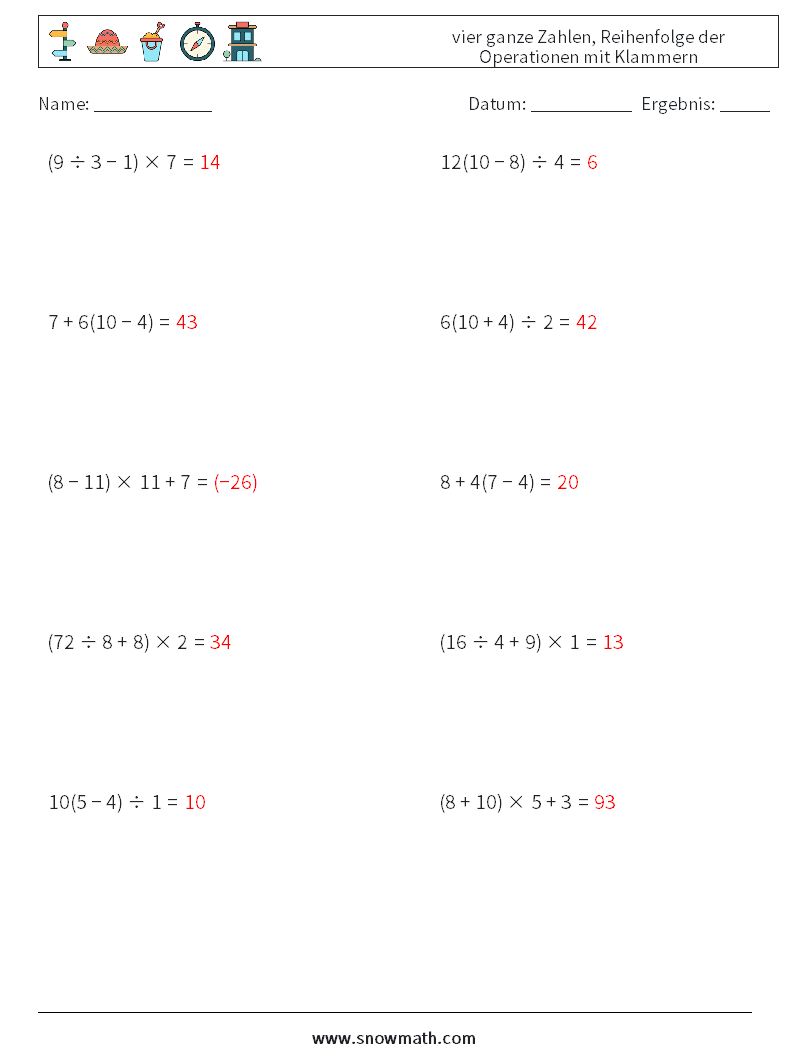 (10) vier ganze Zahlen, Reihenfolge der Operationen mit Klammern Mathe-Arbeitsblätter 11 Frage, Antwort