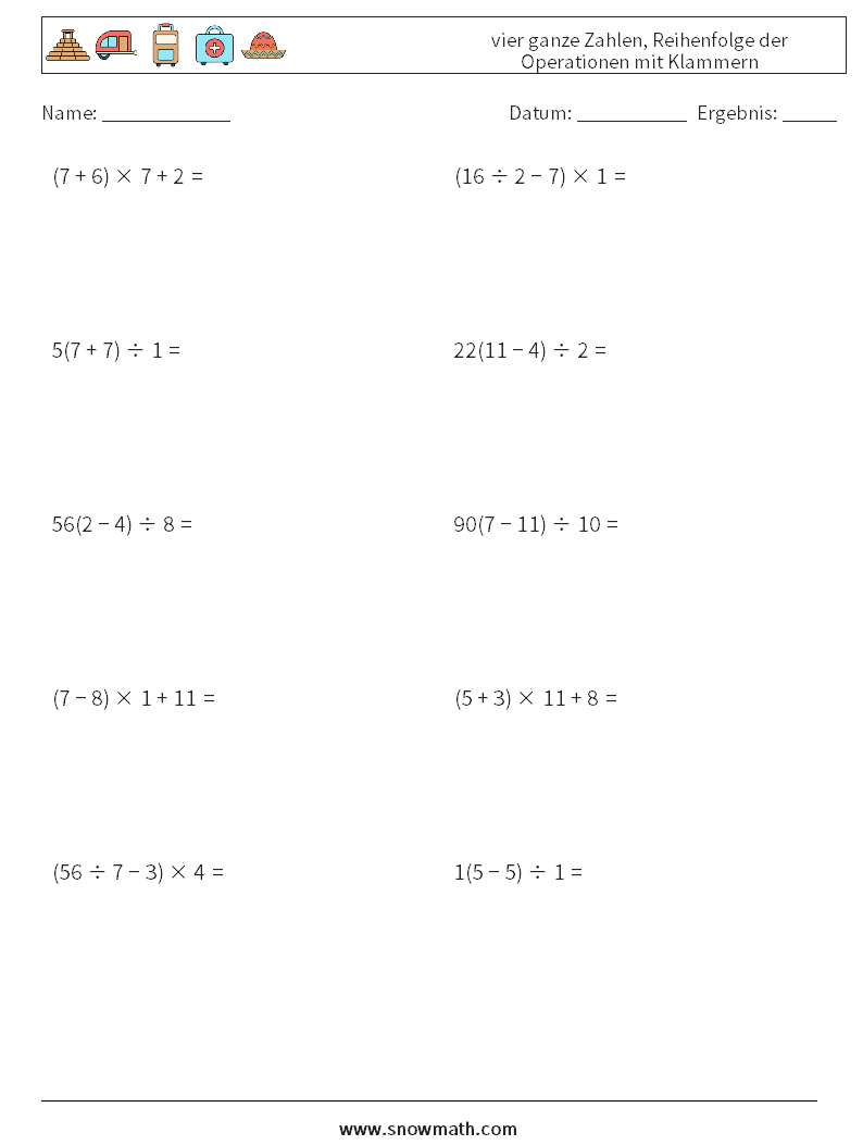 (10) vier ganze Zahlen, Reihenfolge der Operationen mit Klammern Mathe-Arbeitsblätter 12