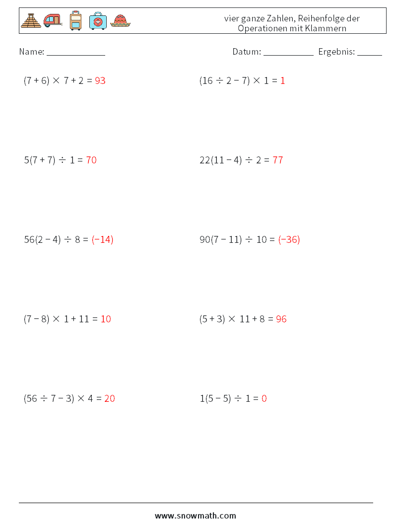 (10) vier ganze Zahlen, Reihenfolge der Operationen mit Klammern Mathe-Arbeitsblätter 12 Frage, Antwort