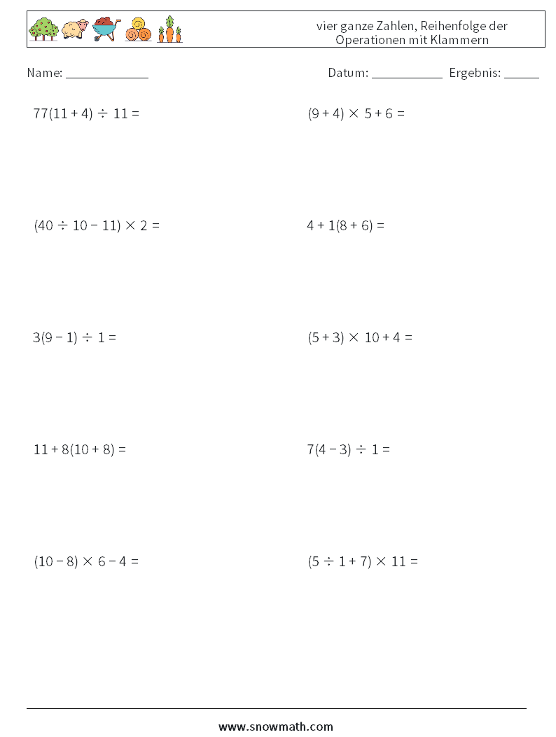 (10) vier ganze Zahlen, Reihenfolge der Operationen mit Klammern Mathe-Arbeitsblätter 13