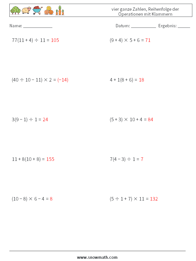 (10) vier ganze Zahlen, Reihenfolge der Operationen mit Klammern Mathe-Arbeitsblätter 13 Frage, Antwort