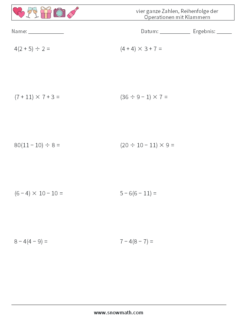 (10) vier ganze Zahlen, Reihenfolge der Operationen mit Klammern Mathe-Arbeitsblätter 14