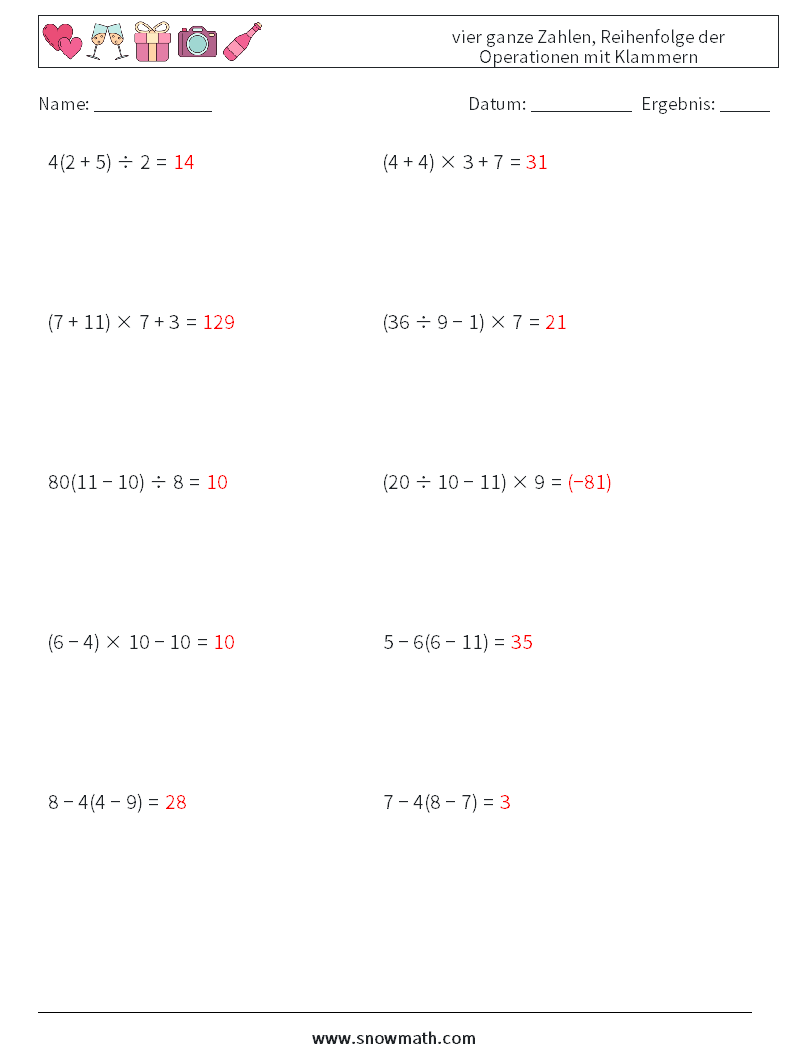 (10) vier ganze Zahlen, Reihenfolge der Operationen mit Klammern Mathe-Arbeitsblätter 14 Frage, Antwort