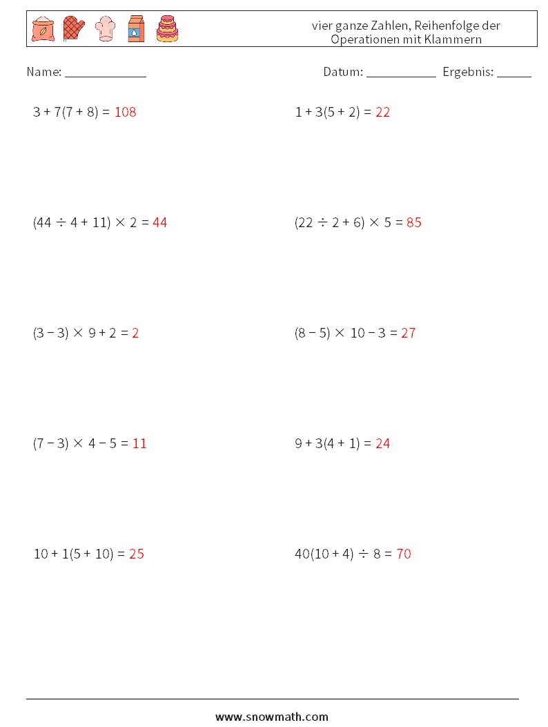 (10) vier ganze Zahlen, Reihenfolge der Operationen mit Klammern Mathe-Arbeitsblätter 15 Frage, Antwort