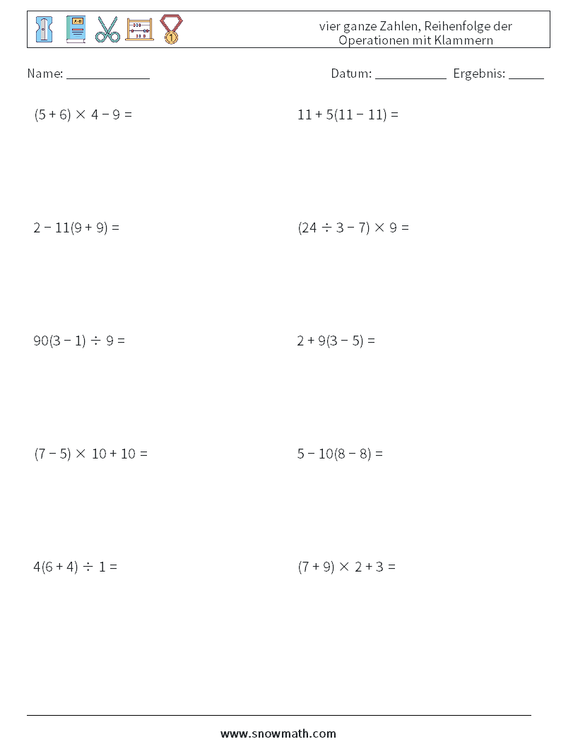 (10) vier ganze Zahlen, Reihenfolge der Operationen mit Klammern Mathe-Arbeitsblätter 17