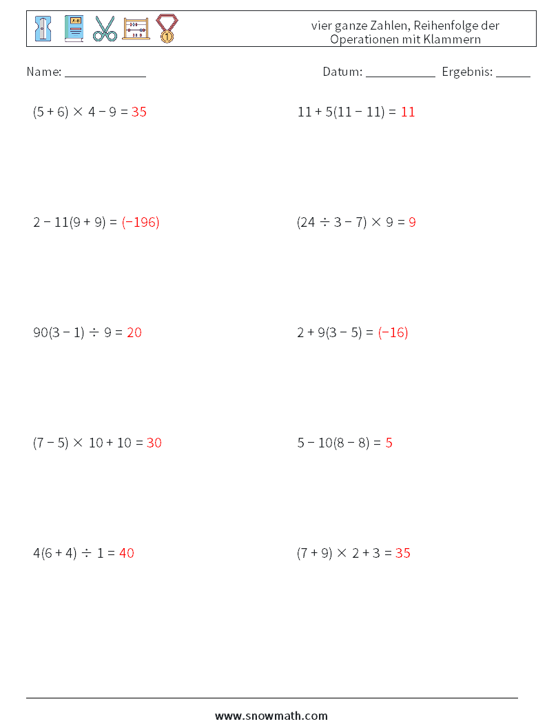 (10) vier ganze Zahlen, Reihenfolge der Operationen mit Klammern Mathe-Arbeitsblätter 17 Frage, Antwort