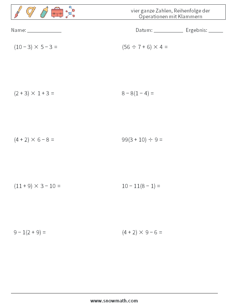 (10) vier ganze Zahlen, Reihenfolge der Operationen mit Klammern Mathe-Arbeitsblätter 18