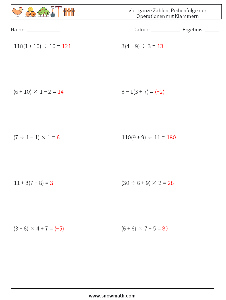 (10) vier ganze Zahlen, Reihenfolge der Operationen mit Klammern Mathe-Arbeitsblätter 1 Frage, Antwort