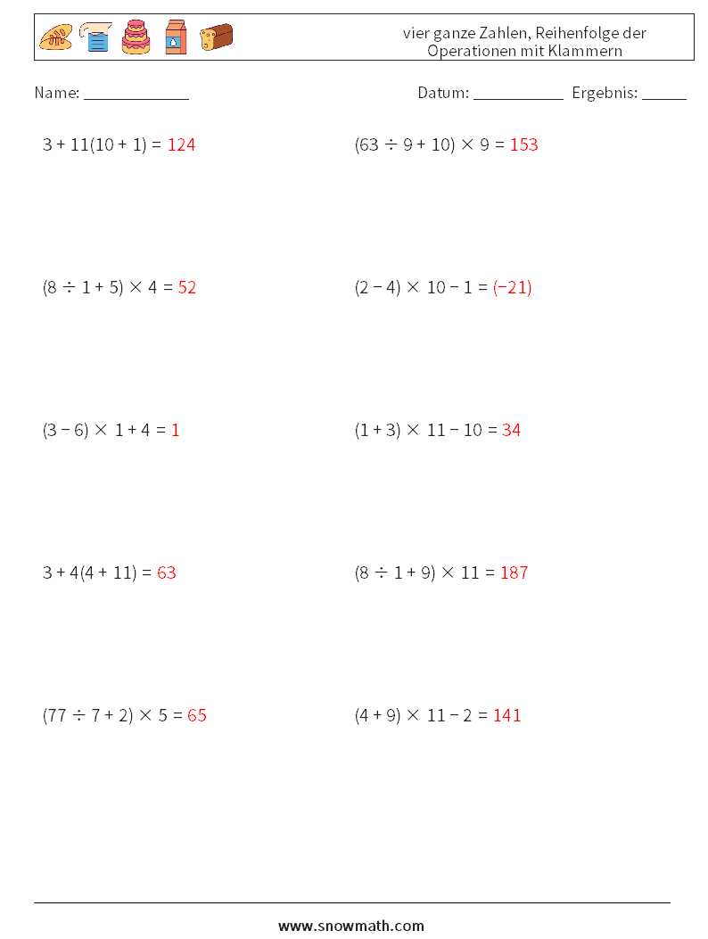 (10) vier ganze Zahlen, Reihenfolge der Operationen mit Klammern Mathe-Arbeitsblätter 2 Frage, Antwort