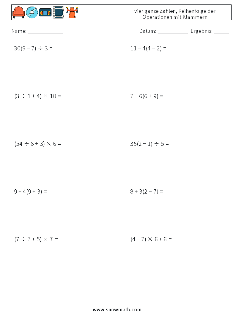 (10) vier ganze Zahlen, Reihenfolge der Operationen mit Klammern Mathe-Arbeitsblätter 3