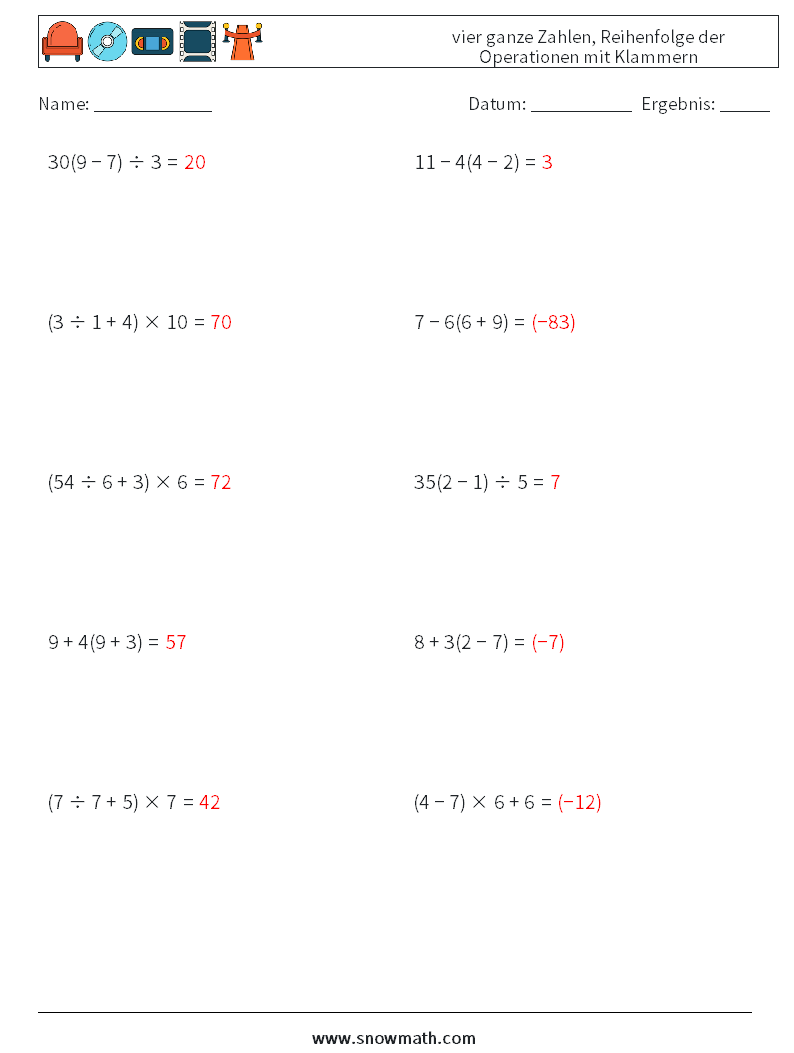 (10) vier ganze Zahlen, Reihenfolge der Operationen mit Klammern Mathe-Arbeitsblätter 3 Frage, Antwort