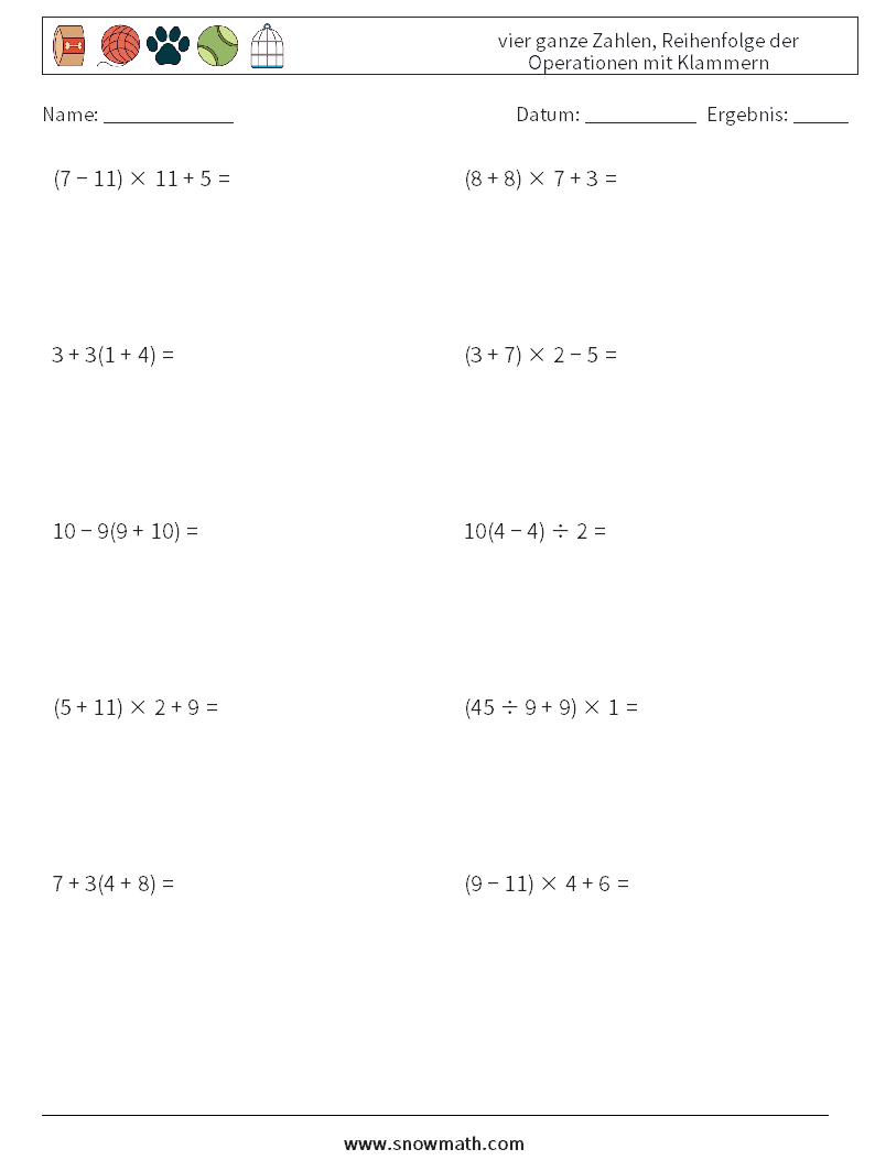 (10) vier ganze Zahlen, Reihenfolge der Operationen mit Klammern Mathe-Arbeitsblätter 4