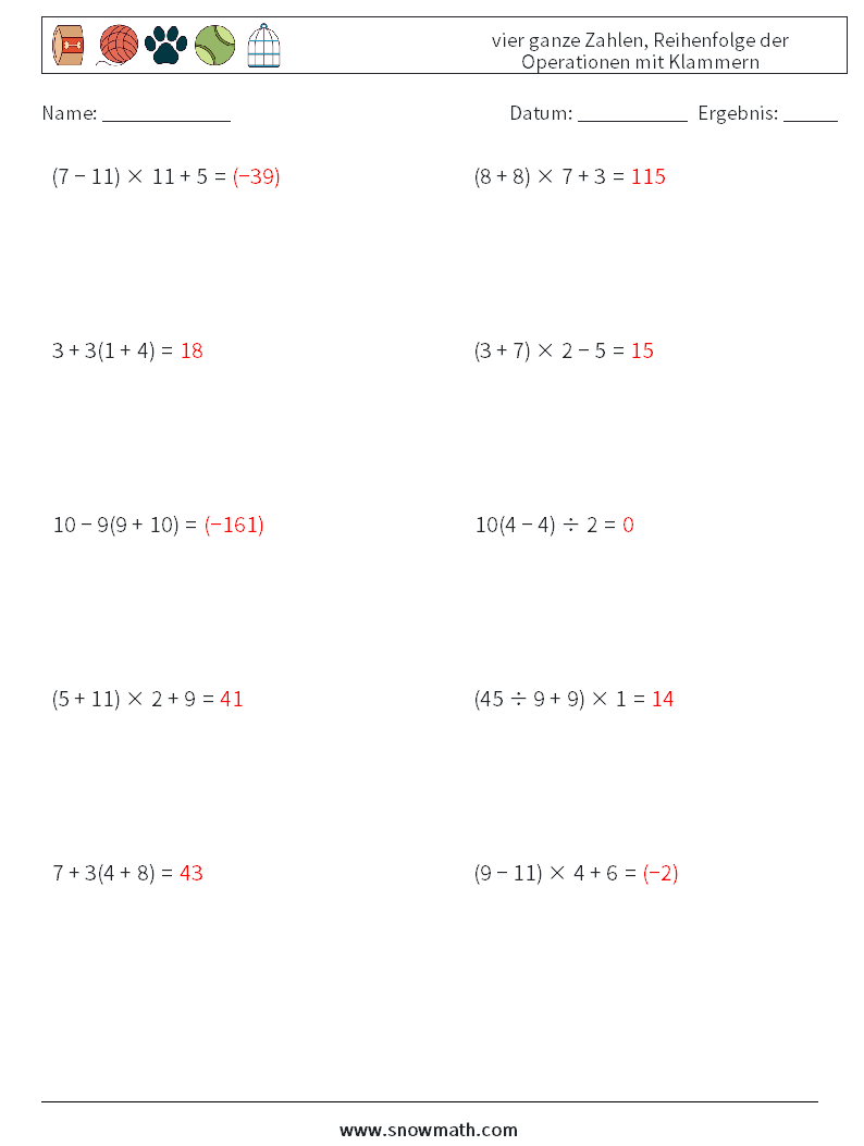 (10) vier ganze Zahlen, Reihenfolge der Operationen mit Klammern Mathe-Arbeitsblätter 4 Frage, Antwort