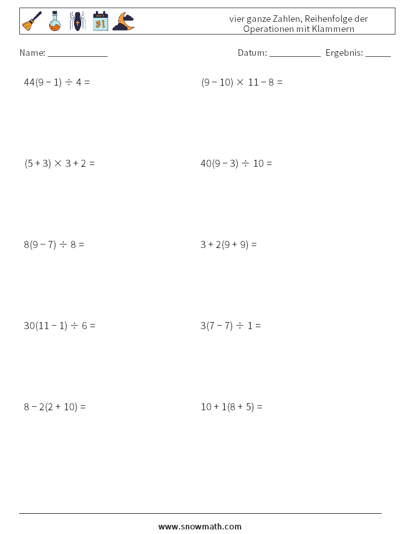 (10) vier ganze Zahlen, Reihenfolge der Operationen mit Klammern Mathe-Arbeitsblätter 5