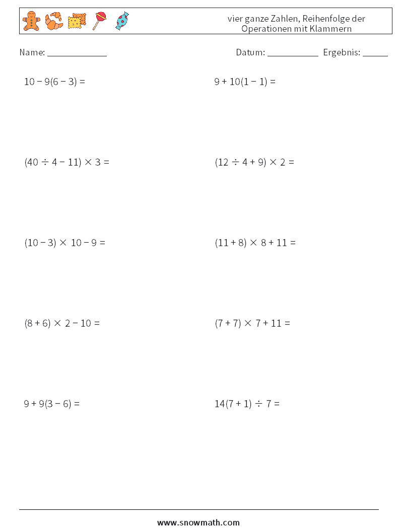 (10) vier ganze Zahlen, Reihenfolge der Operationen mit Klammern Mathe-Arbeitsblätter 6
