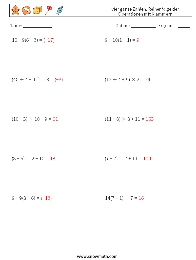 (10) vier ganze Zahlen, Reihenfolge der Operationen mit Klammern Mathe-Arbeitsblätter 6 Frage, Antwort