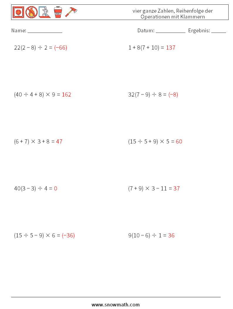 (10) vier ganze Zahlen, Reihenfolge der Operationen mit Klammern Mathe-Arbeitsblätter 8 Frage, Antwort