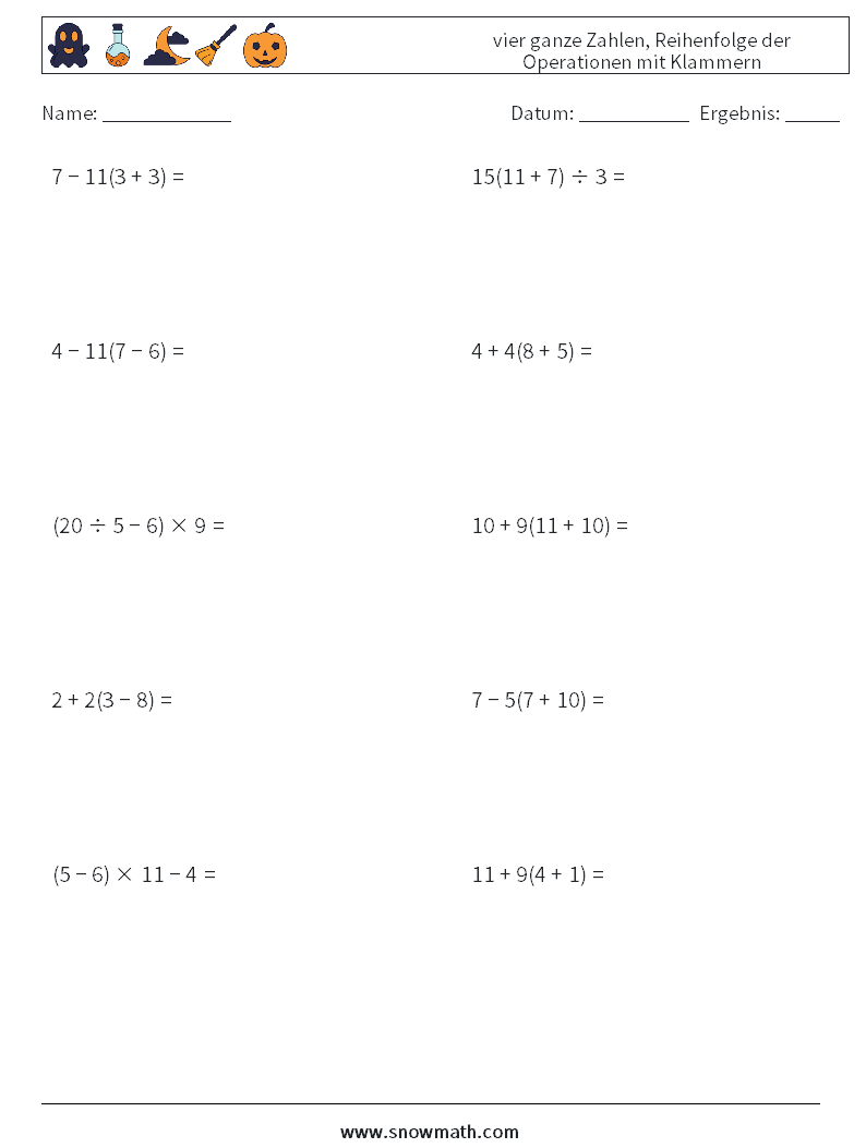(10) vier ganze Zahlen, Reihenfolge der Operationen mit Klammern Mathe-Arbeitsblätter 9