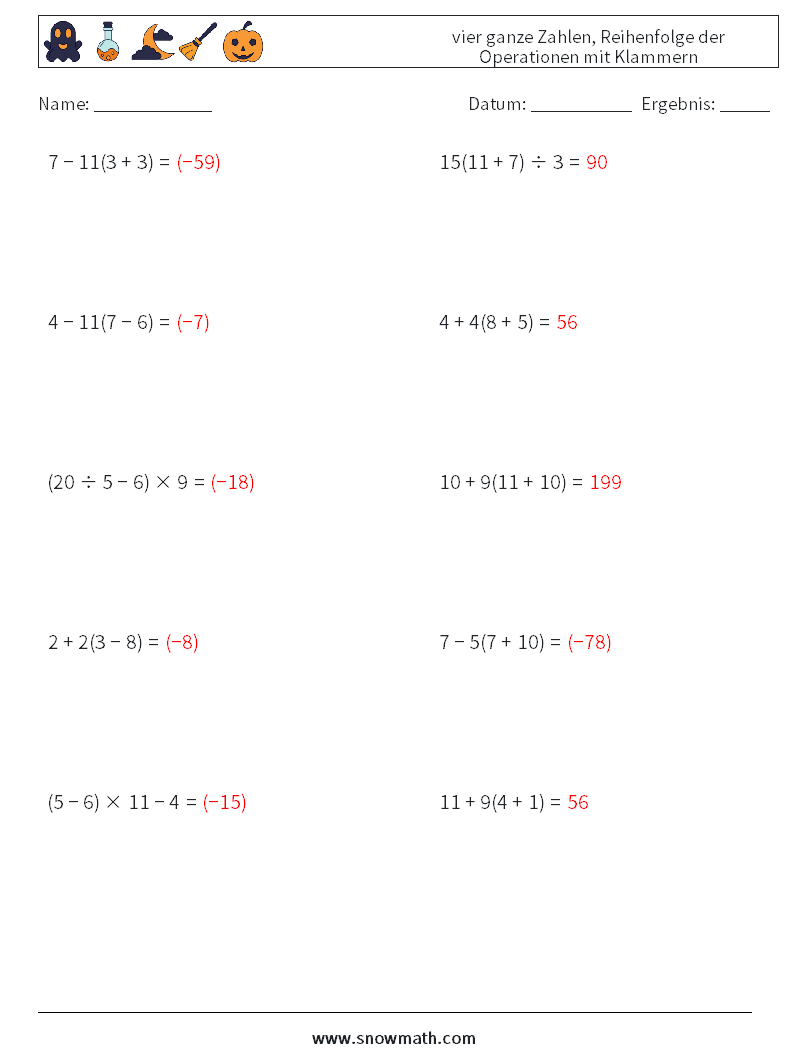 (10) vier ganze Zahlen, Reihenfolge der Operationen mit Klammern Mathe-Arbeitsblätter 9 Frage, Antwort