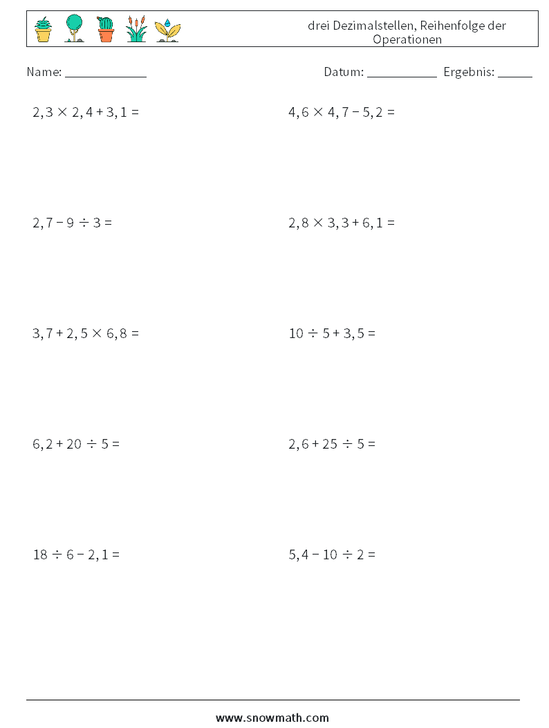 (10) drei Dezimalstellen, Reihenfolge der Operationen Mathe-Arbeitsblätter 1