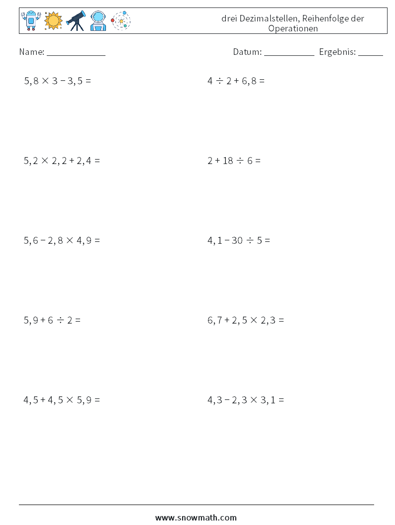 (10) drei Dezimalstellen, Reihenfolge der Operationen Mathe-Arbeitsblätter 10