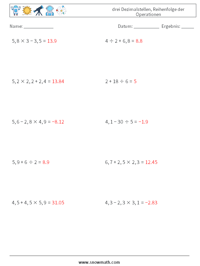 (10) drei Dezimalstellen, Reihenfolge der Operationen Mathe-Arbeitsblätter 10 Frage, Antwort