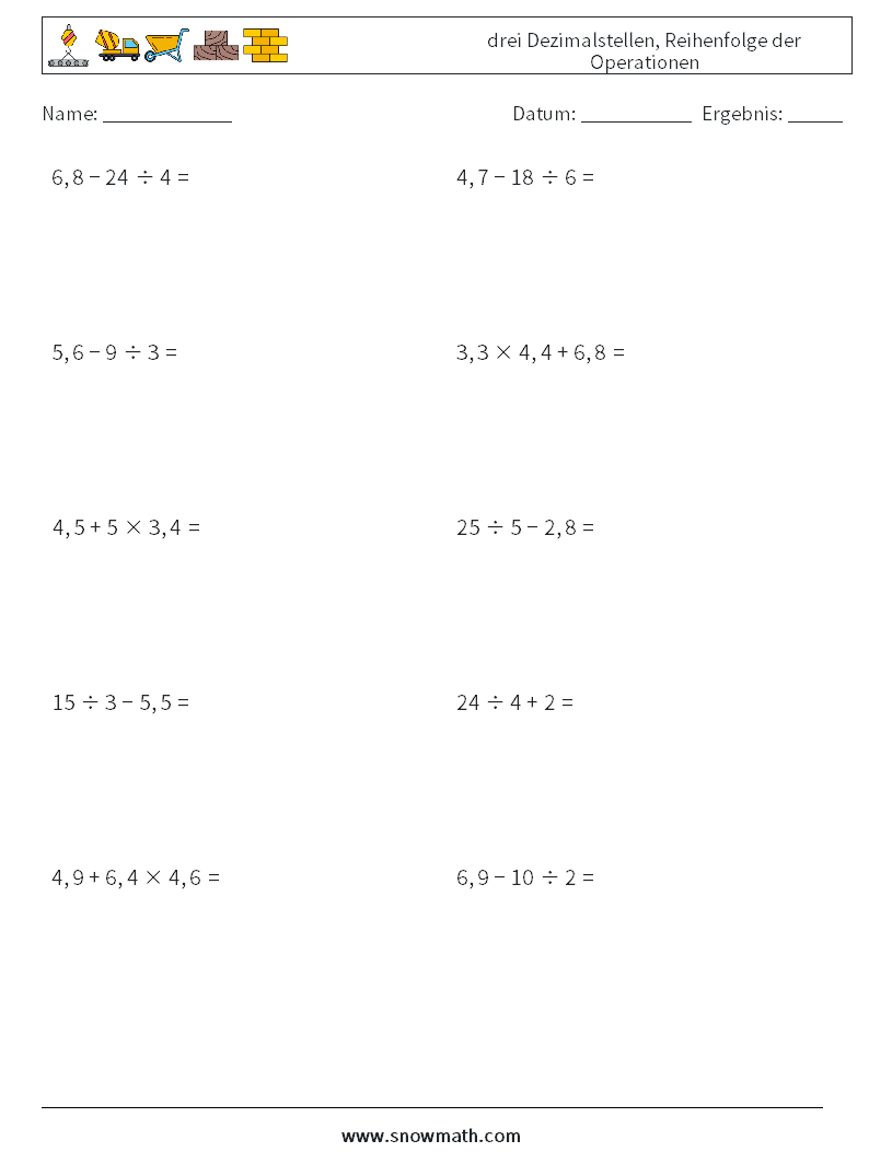 (10) drei Dezimalstellen, Reihenfolge der Operationen Mathe-Arbeitsblätter 11