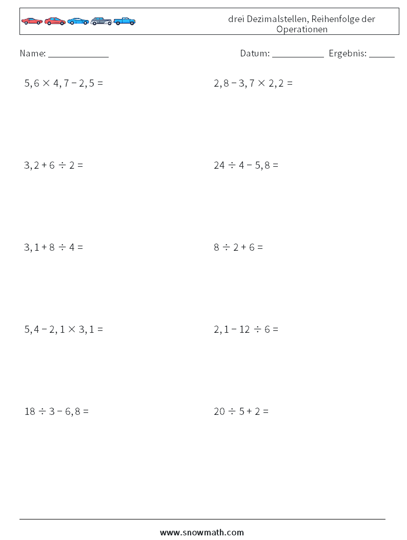 (10) drei Dezimalstellen, Reihenfolge der Operationen Mathe-Arbeitsblätter 13