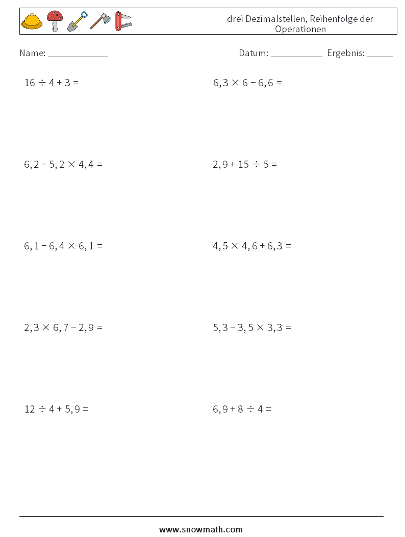 (10) drei Dezimalstellen, Reihenfolge der Operationen Mathe-Arbeitsblätter 14