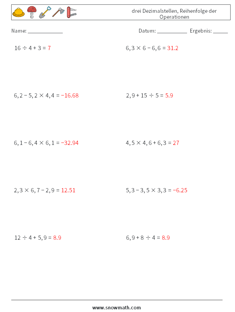 (10) drei Dezimalstellen, Reihenfolge der Operationen Mathe-Arbeitsblätter 14 Frage, Antwort