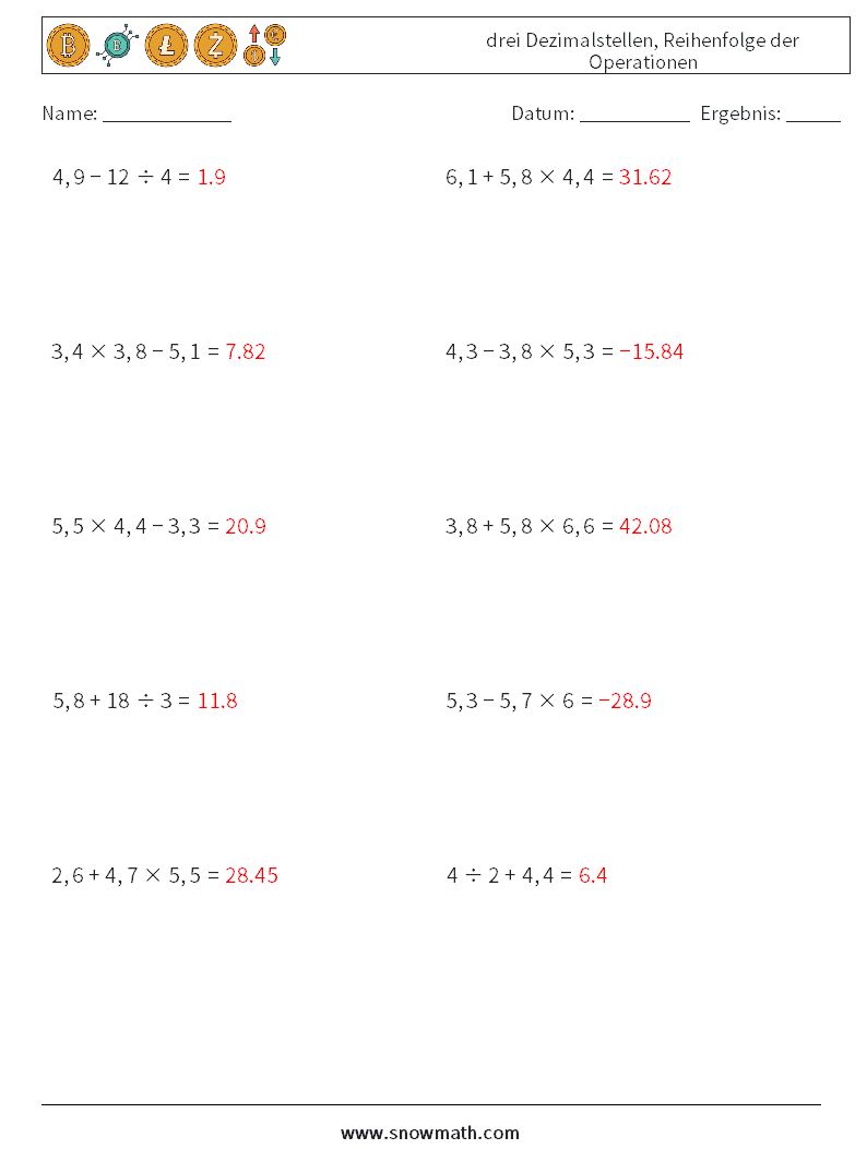 (10) drei Dezimalstellen, Reihenfolge der Operationen Mathe-Arbeitsblätter 15 Frage, Antwort