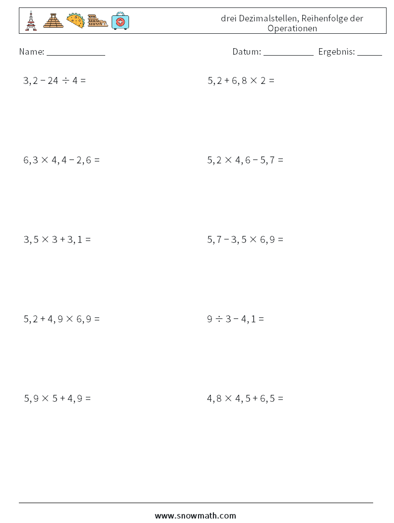 (10) drei Dezimalstellen, Reihenfolge der Operationen Mathe-Arbeitsblätter 16