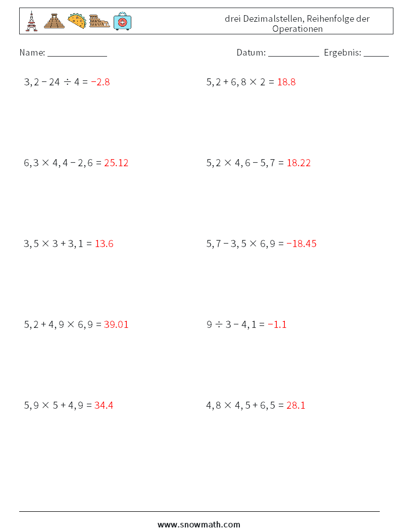 (10) drei Dezimalstellen, Reihenfolge der Operationen Mathe-Arbeitsblätter 16 Frage, Antwort