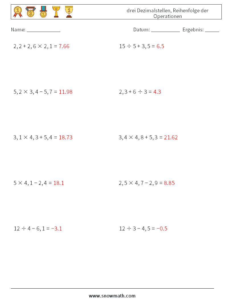 (10) drei Dezimalstellen, Reihenfolge der Operationen Mathe-Arbeitsblätter 17 Frage, Antwort