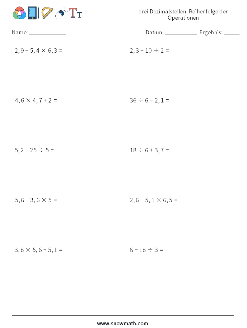 (10) drei Dezimalstellen, Reihenfolge der Operationen Mathe-Arbeitsblätter 18