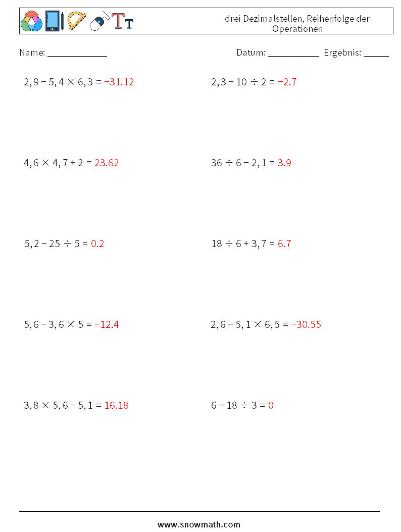 (10) drei Dezimalstellen, Reihenfolge der Operationen Mathe-Arbeitsblätter 18 Frage, Antwort