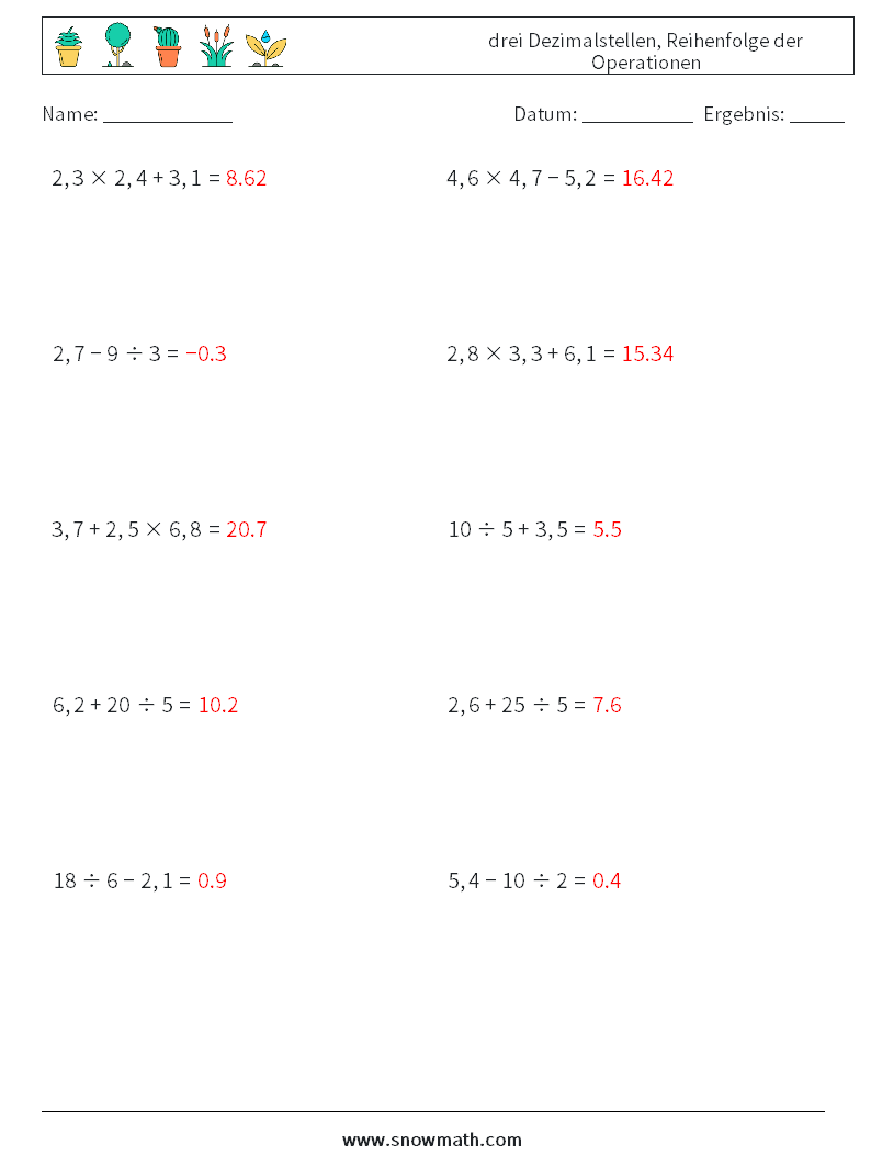 (10) drei Dezimalstellen, Reihenfolge der Operationen Mathe-Arbeitsblätter 1 Frage, Antwort