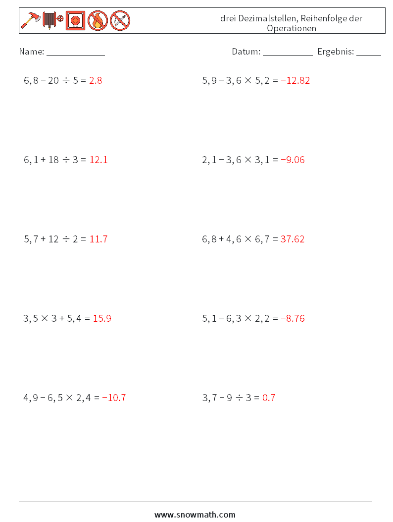 (10) drei Dezimalstellen, Reihenfolge der Operationen Mathe-Arbeitsblätter 2 Frage, Antwort