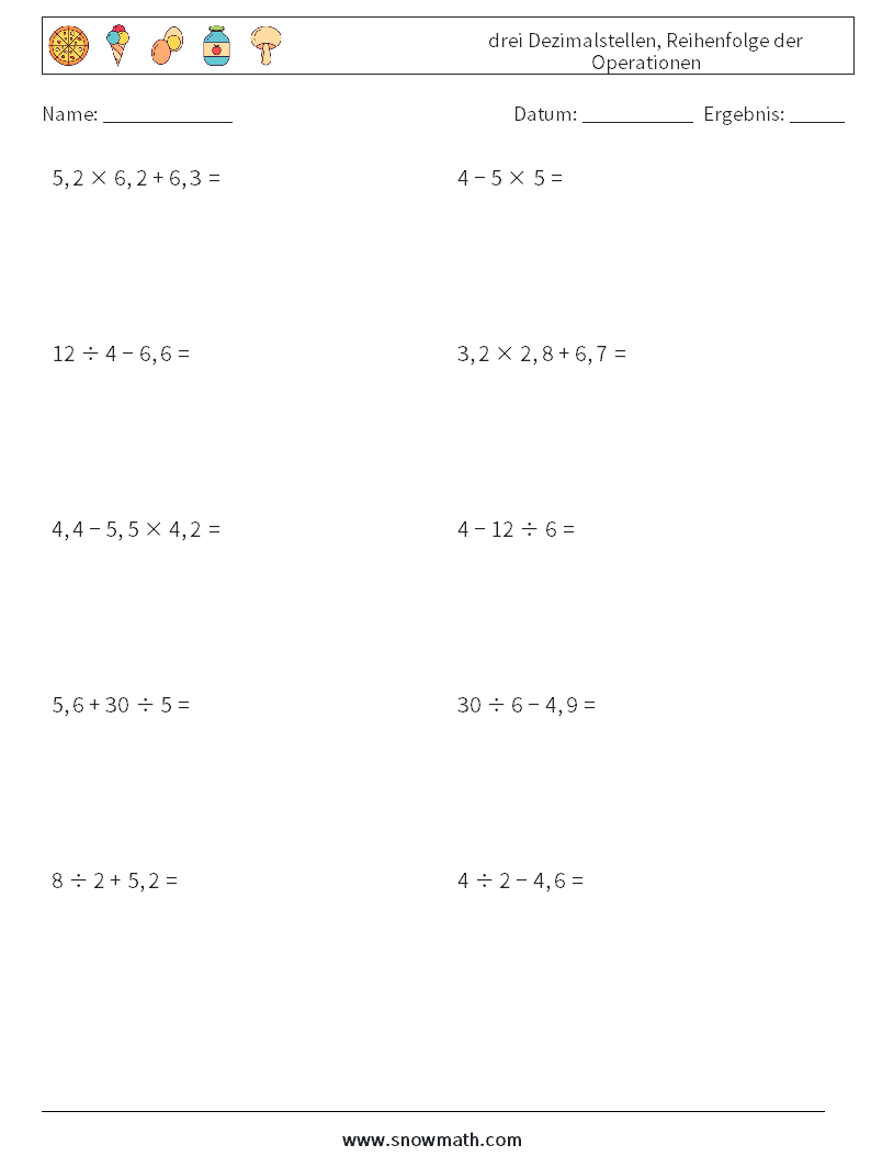 (10) drei Dezimalstellen, Reihenfolge der Operationen Mathe-Arbeitsblätter 4