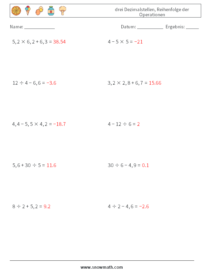 (10) drei Dezimalstellen, Reihenfolge der Operationen Mathe-Arbeitsblätter 4 Frage, Antwort