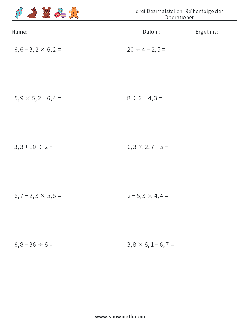 (10) drei Dezimalstellen, Reihenfolge der Operationen Mathe-Arbeitsblätter 6