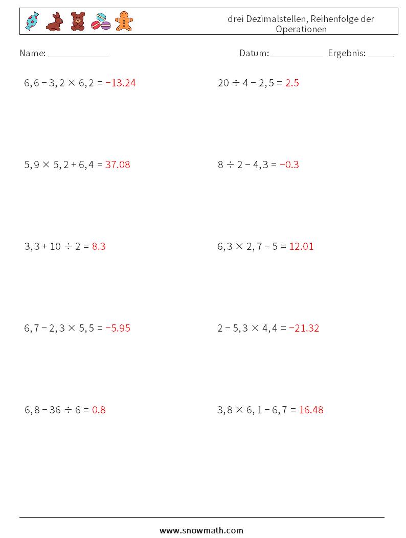 (10) drei Dezimalstellen, Reihenfolge der Operationen Mathe-Arbeitsblätter 6 Frage, Antwort