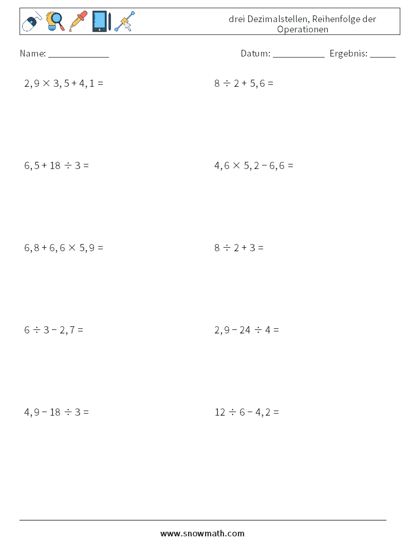 (10) drei Dezimalstellen, Reihenfolge der Operationen Mathe-Arbeitsblätter 7