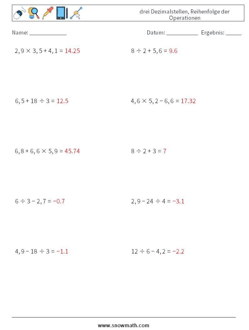 (10) drei Dezimalstellen, Reihenfolge der Operationen Mathe-Arbeitsblätter 7 Frage, Antwort